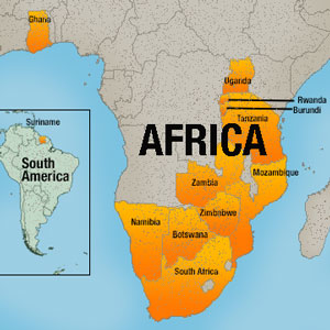 Map of Africa highlighting the countries where Africa Missions has a work